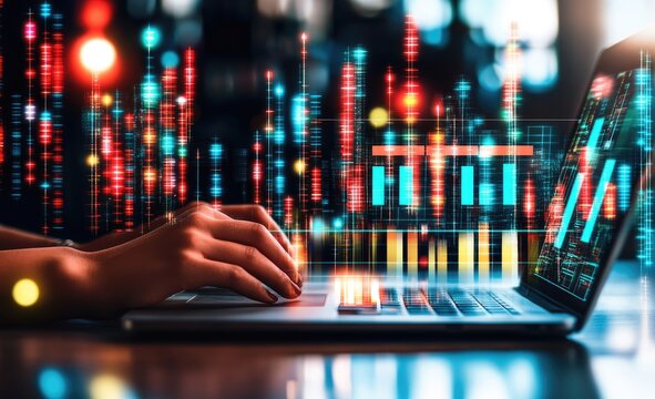Hands typing on laptop, financial data overlay - Powered by Adobe