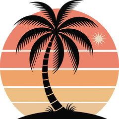 Palm tree silhouette on a tropical beach with sunset and ocean view