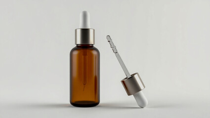 3D render of amber smoky glass dropper bottle on plain background, ideal for essential oils and beard care products