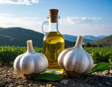 bottle of fresh garlic oil and two bulbs with leaf
