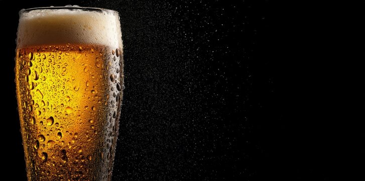 Cold glass of lager beer with thick foam and condensation on black background, great for brewery ads, bar signage, and beer-related social content