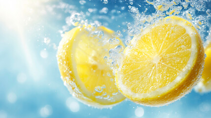 太陽光に照らされたレモンが泡とともに水中で弾ける瞬間（飲料・夏・爽快感・食品・広告）