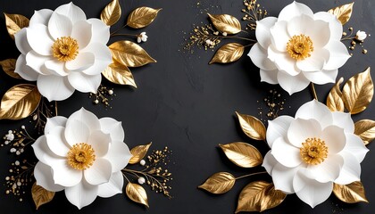 White Flowers Gold Leaves Dark Frame.
