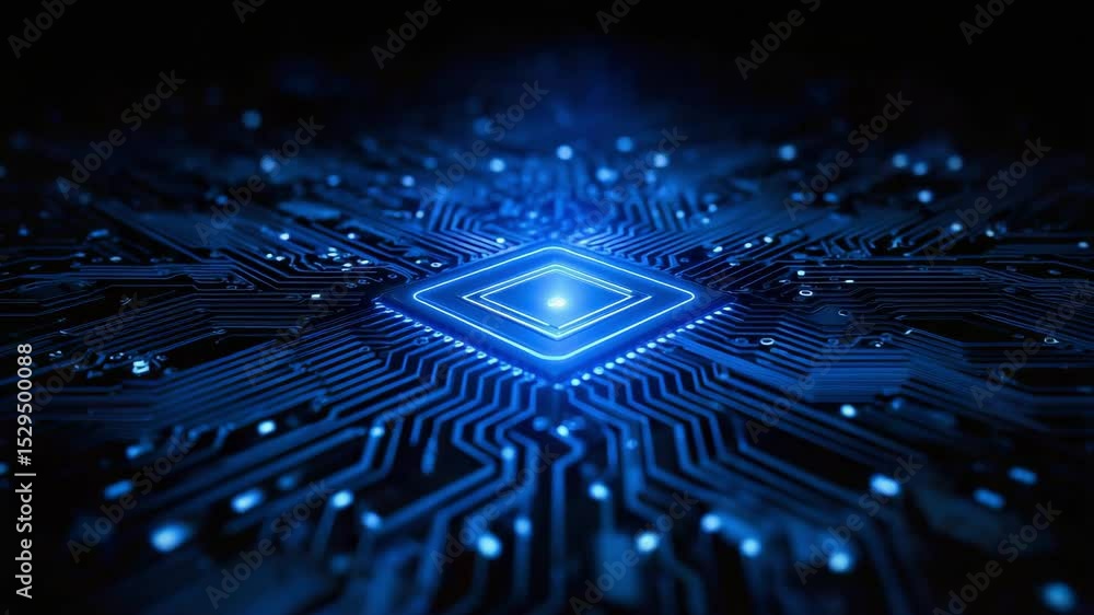 Poster a glowing blue microchip at the center of a complex, illuminated circuit board, representing advance