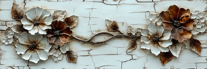 Cracked and peeling wall artwork features brown and white floral designs on a white background, vintage shabby-chic textures, rustic decayed aesthetics.