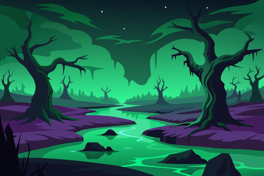 Eerie green swamp at night with twisted trees