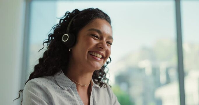 Call center, contact us and business woman with customer service, multilingual support or laughing. Communication, smile and consultant talking with headset for language translation, help and joke