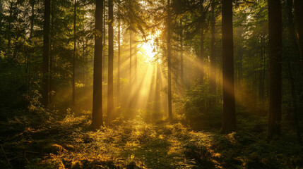Fototapeta premium Golden beams of sunlight filter through the trees in National Park, casting a warm glow in the forest