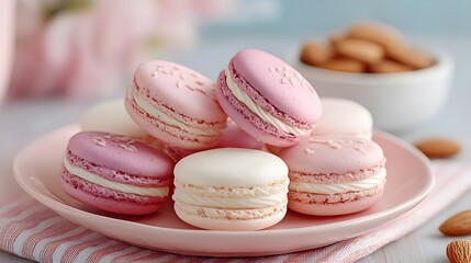 Obraz premium Delightful Assortment of Pink and White Macarons on a Soft Pink Plate Decorated with Almonds