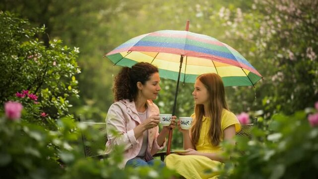 mother and child on a rainy day in a park with umbrella