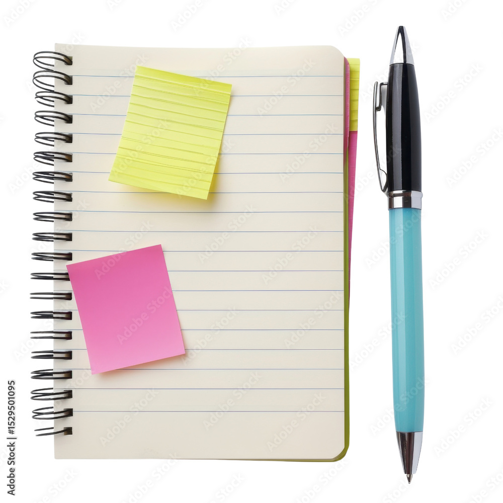 Poster blank notebook with lined pages is shown, featuring two colorful sticky notes—one yellow and one pin