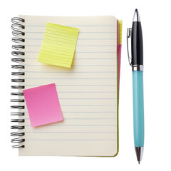 Blank notebook with lined pages is shown, featuring two colorful sticky notes—one yellow and one pink—attached to cover. sleek pen rests beside notebook, creating vibrant and organized workspace