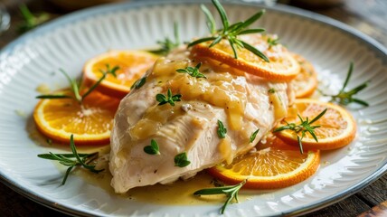 Tender chicken breast is served on a white platter, drizzled with a shiny citrus sauce, with thin slices of orange and lemon and sprigs of fresh rosemary.
