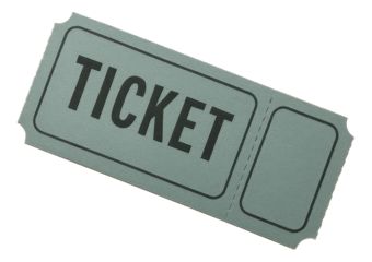A vintage-style admit one ticket in green with bold black lettering, featuring perforated edges for tearing, on transparent background.