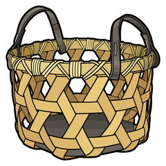 Cartoon hand drawn wicker basket isolated on white background. Vector doodle illustration