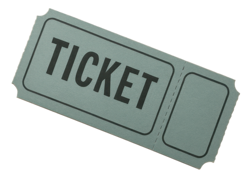 A vintage-style admit one ticket in green with bold black lettering, featuring perforated edges for tearing, on transparent background.
