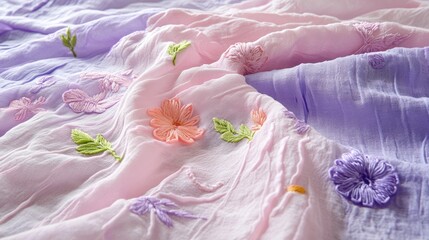 Soft pastel fabric swatches in lavender and pink with floral embroidery, ideal for textile design and home decor