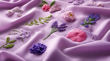 Soft pastel fabric swatches in lavender and pink with floral embroidery, ideal for textile design and home decor