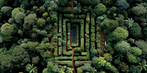 Natural Plant Maze Top View – Aerial Background of Green Organic Garden Labyrinths, Nature-Inspired Landscape Design, Copy Space