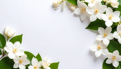Fototapeta premium Top view of delicate white jasmine flower placed in the corner on a pure white background. Great for spa, skincare, natural products, or serene floral-themed compositions.