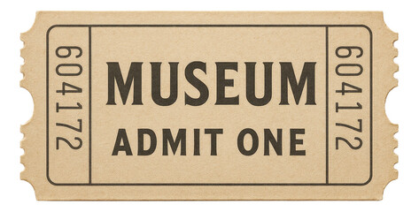 Vintage-style museum admission ticket with "Admit One" text and a perforated edge on transparent background.