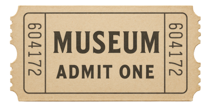 Vintage-style museum admission ticket with "Admit One" text and a perforated edge on transparent background.