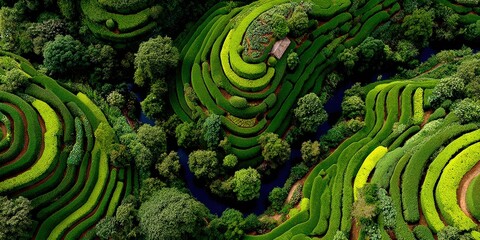 Natural Plant Maze Top View – Aerial Background of Green Organic Garden Labyrinths, Nature-Inspired Landscape Design, Copy Space