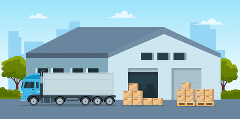 Modern warehouse building scene in flat style. Truck and with boxes. Warehouse and logistic management. Vector stock