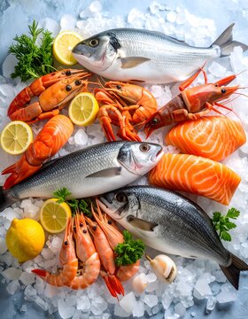 Fresh seafood assortment on ice featuring fish shrimp and salmon