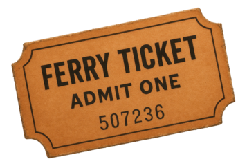 Vintage-style ferry ticket with admission details and serial number on transparent background.