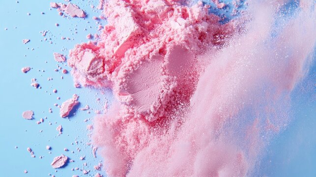 Soft focus pink makeup dust spread across icy blue background, dreamy aesthetic