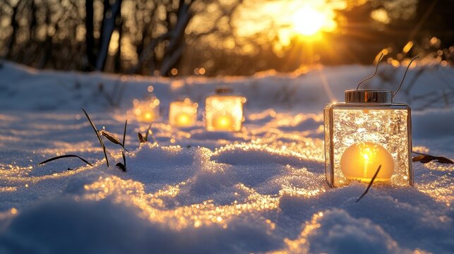 Snow-covered ground with softly glowing white lanterns during golden winter sunset