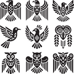 Naklejka premium Tribal Bird Silhouette Bundle, 10 Ethnic Bird Vector Designs, Stylized Eagle, Aztec Bird, Tribal Dove, Hummingbird, Phoenix and More
