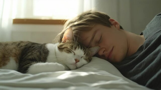 Peaceful moment of a man and his cat, symbolizing trust and love between pets and their owners.