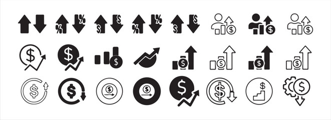 Obraz premium Business Finance and Growth Icons Set. Dollar Symbols, Charts, and Market Trends in Line and Solid Style. Victor illustration eps 10