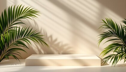 Minimalist Product Display Podium with Tropical Palm Leaves and Soft Lighting