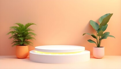 Minimalist Product Display Stage with Plants and Soft Lighting for Mockups