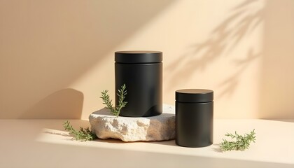 Minimalist Product Mockup with Black Jars on Stone and Beige Background