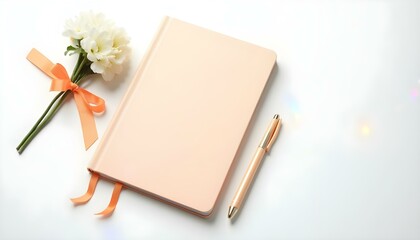 Peach Notebook with Flowers and Pen on a White Background