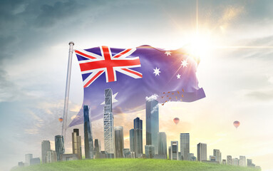 Australia national flag wavering with modern building skyline. Country showing stronger and...