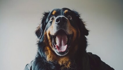Close-up of a dog with a happy, surprised expression