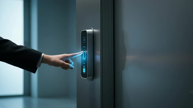 Entering Modern Office with Fingerprint Scanner Door Access Control System