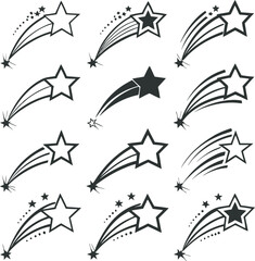 This collection of black and white silhouette images features various celestial elements, including crescent moons, stars, and meteors or comets.