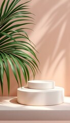 Minimalist Podium with Palm Leaf and Shadow for Product Presentation Backdrop
