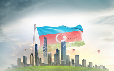 Azerbaijan national flag wavering with modern building skyline. Country showing stronger and...