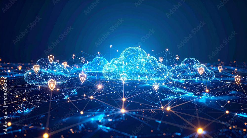 Poster ethereal cloud of interconnected lines forming a secure digital ecosystem, glowing