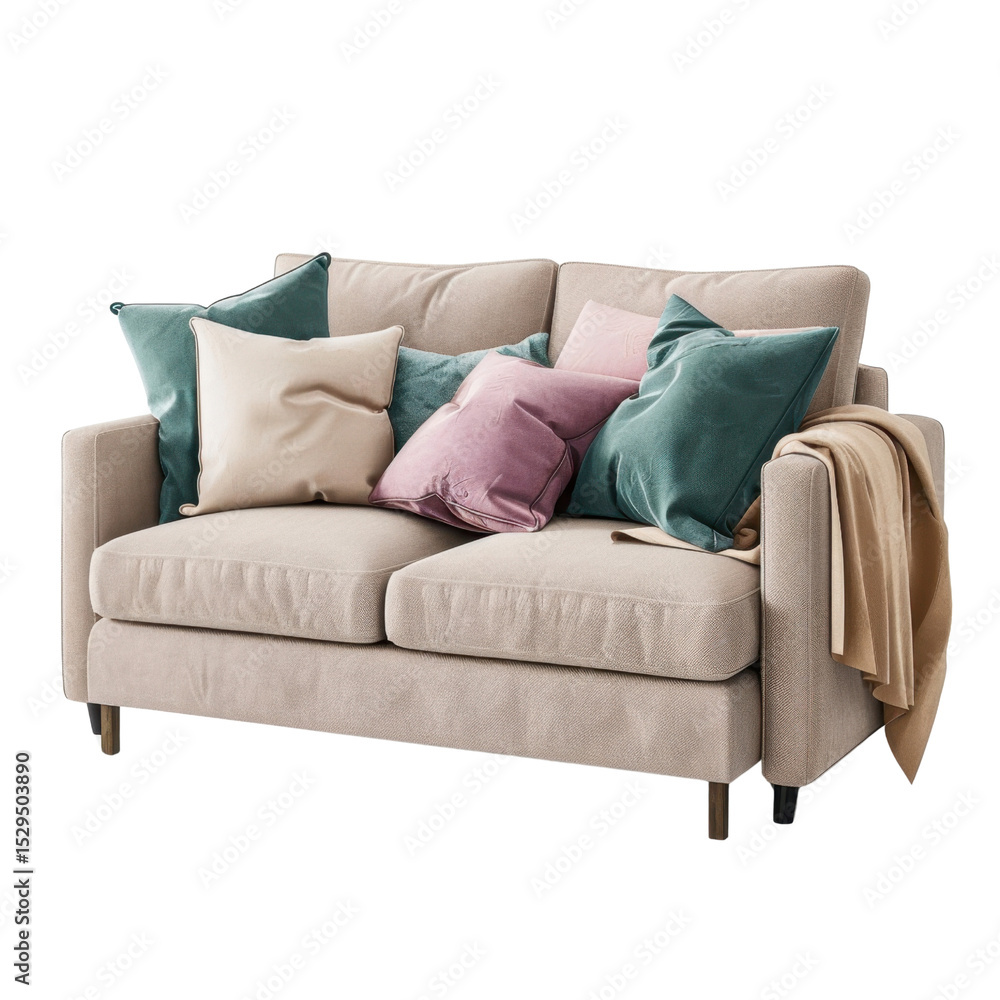 Poster cozy and stylish sofa adorned with array of colorful cushions, featuring soft textures and warm, inv