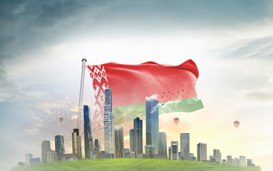 Belarus national flag wavering with modern building skyline. Country showing stronger and...
