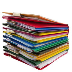 Colorful stack of folders and documents, showcasing variety of colors and styles. This vibrant collection represents organization and productivity in office or study environment