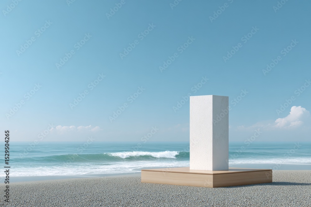Poster minimalistic empty podium stands on tranquil beach with gentle waves lapping in background